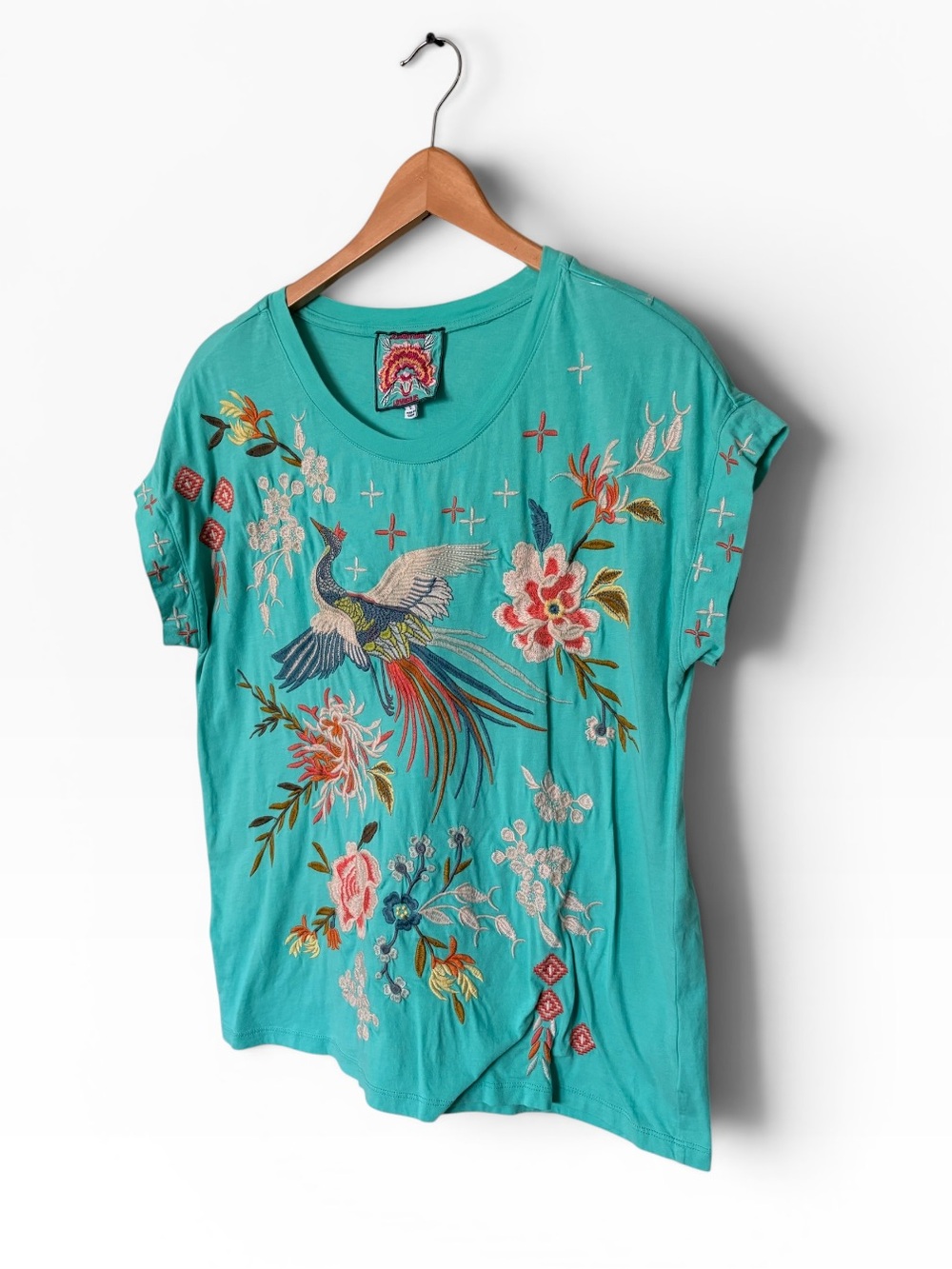 Johnny Was Teal Embroidered Crane Bird Floral Tee Small Boho Asian Cottage S - Picture 2 of 5